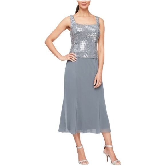 New ALEX EVENING Metallic Square Neckline Midi Dress 6 - Picture 2 of 9